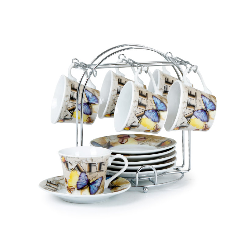 Lorren Home Trends Espresso Cup and Saucer Set with Metal Stand